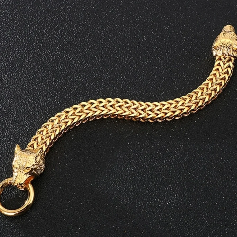 NEW 14k gold Titanium Wolf Head Franco Link Bracelet Mens